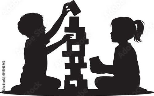 Two children building a tower with blocks silhouette