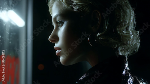 A pensive woman contemplates the world through a window with intense stare, exuding introspective aura, reflecting the mysteries of the night.