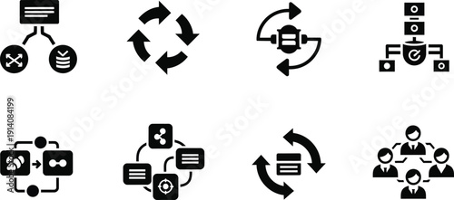 Eight icons illustrating data processing, system integration, and team collaboration