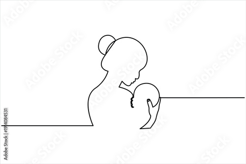 Happy mother's day one continuous line art drawing of mom holding baby design vector illustration