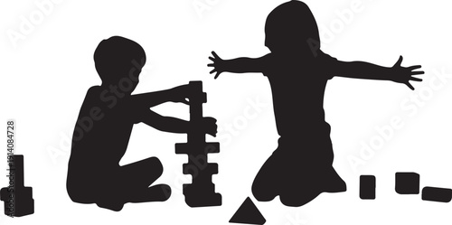 Two children playing with black blocks and toys on the floor