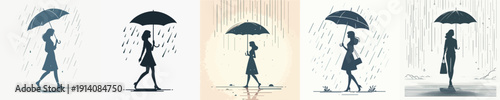 Silhouette Vector Illustration of a Woman Holding an Umbrella in the Rain