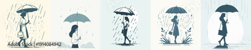 Silhouette Vector Illustration of a Woman Holding an Umbrella in the Rain