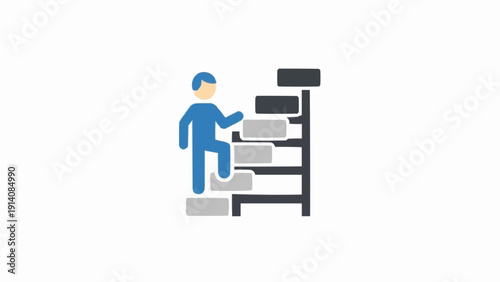 Foto Man in blue uniform climbing warehouse shelving.