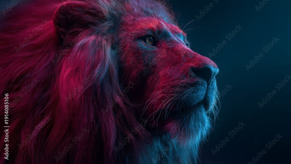Naklejka premium Lion's Majestic Profile Glimmers Under Dual Neon Light