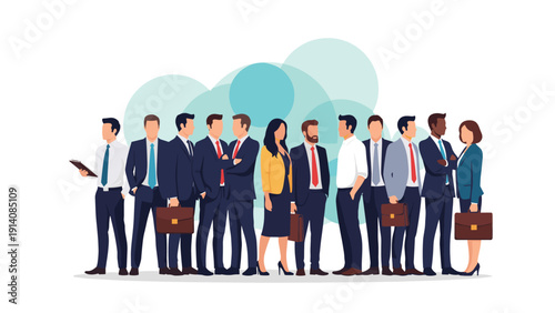 Large group of diverse male and female business professionals in suits stands together in front of a blue cloud shape to represent a team.