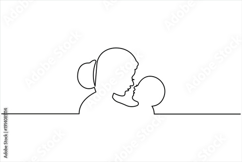 Happy mother's day one continuous line art drawing of mom holding baby design vector illustration