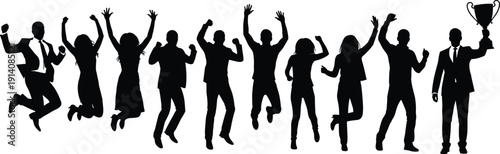 Business people celebrating success silhouette vector illustration, jumping team with trophy, victory achievement, corporate motivation, teamwork celebration isolated set