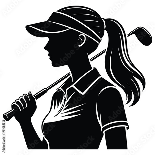 Black silhouette of a woman golfer with ponytail holding club black and white d