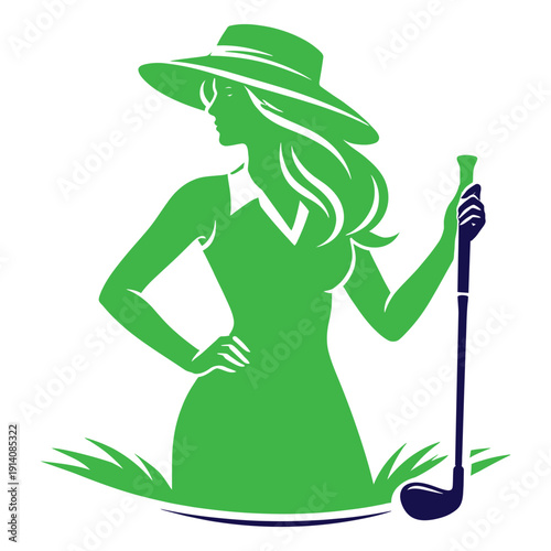 Green silhouette of a woman golfer wearing a wide brim hat holding a golf club female