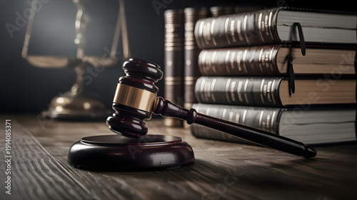 Wooden gavel resting near a stack of law books and scales of justice on a dark office desk for legal or judicial concepts.