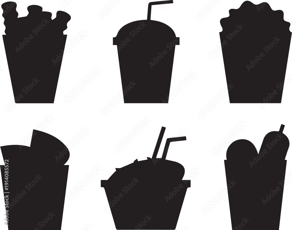Obraz premium Silhouette icons of various fast food and drink containers on white background