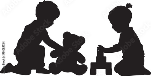 Two children playing with teddy bear and blocks silhouette