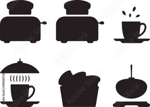 Black silhouettes of breakfast food and drink icons on white background toaster