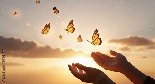 Golden Butterflies Ascending: Hands Reaching Towards Hope at Sunset
