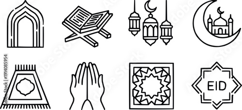 Set of ramadan kareem line art icons, islamic symbols for religious holiday, vector illustration