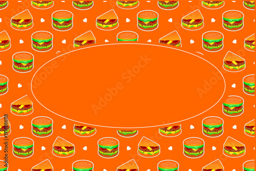 Fast food burger and sandwich pattern frame with blank oval. Burger and sandwich slice pattern frame background. Burger and sandwich pattern frame vector.