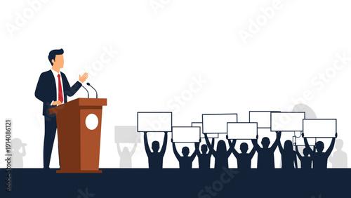 Confident public speaker stands at a wooden podium giving an inspiring speech to a large crowd of people holding up blank signs.
