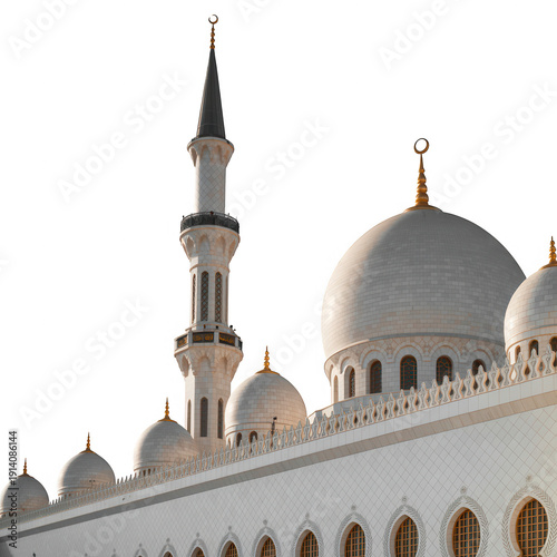 White mosque architecture with domes and minaret isolated on a transparent background