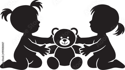 Two children sitting with a teddy bear in silhouette