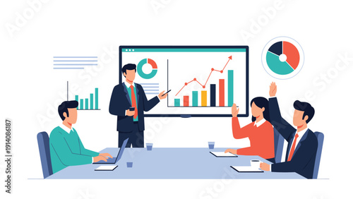 Experienced presenter points to colorful growth charts and statistics on a large screen while an audience member raises a hand to ask.