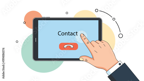 Close up of a person's hand using a finger to touch the contact button on a digital tablet screen for customer service or support.