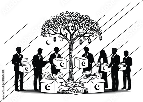 Group of business people distributing charity boxes under a tree with hanging lanterns, symbolizing giving and generosity