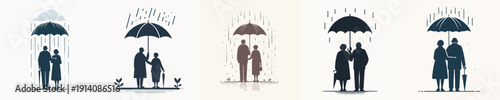 Silhouette Vector Illustration of a Elderly Person Holding an Umbrella in the Rain