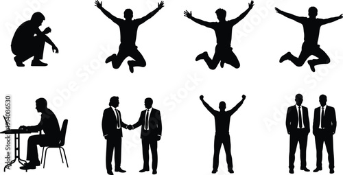 Business people silhouettes set vector illustration, jumping success, handshake partnership, working office, teamwork achievement, corporate motivation isolated collection
