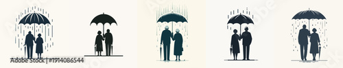 Silhouette Vector Illustration of a Elderly Person Holding an Umbrella in the Rain