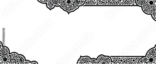 Ornate Islamic corner decorations set, black arabesque flourishes for borders and frames, traditional pattern elements