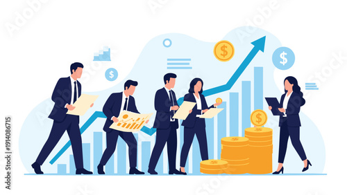 Group of business professionals walks alongside rising growth charts and stacks of gold coins to symbolize corporate success and profit.