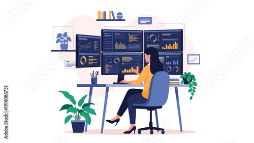 Data scientist sits at a well equipped workspace analyzing complex statistical information across multiple high resolution monitors.