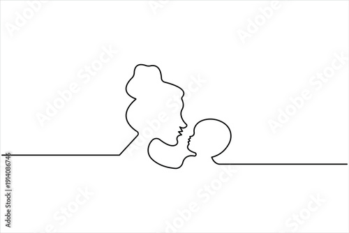 Happy mother's day one continuous line art drawing of mom holding baby design vector illustration