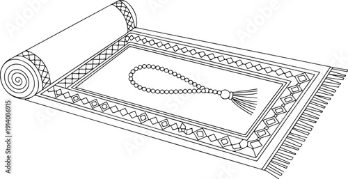 Islamic Prayer Mat and Tasbih Outline Icon Set Salah Preparation and Devotion Theme