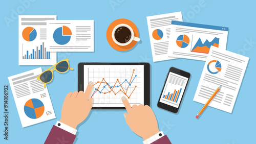 Flat lay of a person's hands using a tablet to analyze line charts surrounded by a smartphone, coffee, sunglasses, and papers.