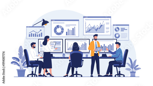 Professional team of data analysts works together in a modern high tech office analyzing various charts and graphs on multiple screens.