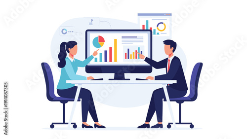 Business team members sit at a white desk pointing to and discussing various data charts and graphs displayed on a large computer monitor.