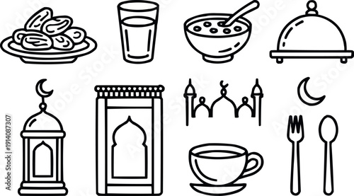 Set of ramadan kareem icons and symbols, traditional islamic elements for holy month celebration