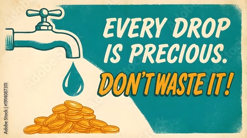 Vintage environmental poster for World Water Day with water tap dripping gold coins and 