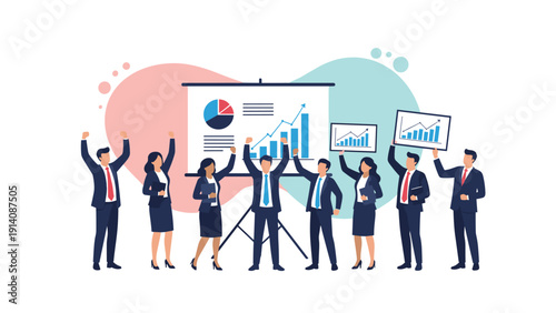 Enthusiastic business team celebrates their success by raising their hands in front of a presentation board showing a rising growth chart.