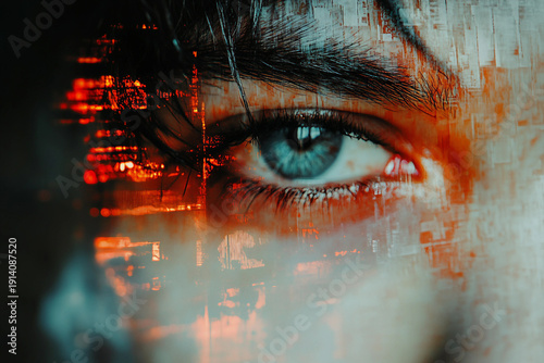 Generative AI glitch art composition of male female face merged with digital code and futuristic visual interference effect