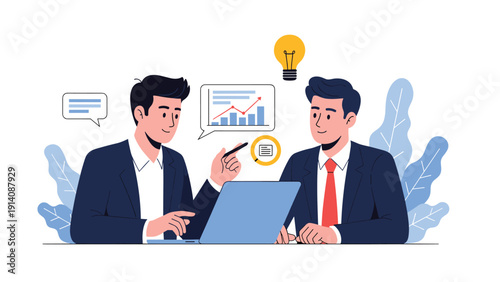 Two business professionals collaborate over a laptop screen with data charts while a lightbulb icon above suggests a new creative idea.