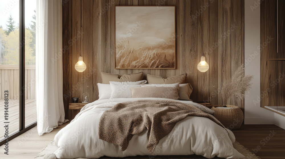 custom made wallpaper toronto digitalElegant and cozy bedroom with wooden walls and inviting decor. Featuring a large bed with comfortable bedding, ambient lighting, and nature-inspired artwork AI Generative