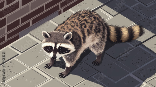 Curious raccoon staring at the viewer on a patterned floor in front of a brick wall  AI Generative