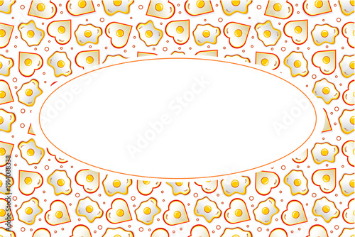 Fried egg with blank oval pattern frame. Sunny side-up fried egg pattern frame background. Fried egg seamless pattern frame design.