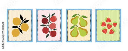 Set of minimalist fruit posters with lemon apple pear and strawberry