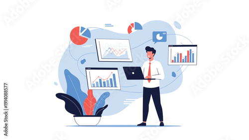 Professional analyst using a laptop to monitor various financial growth charts and data visualization panels on a blue abstract background.