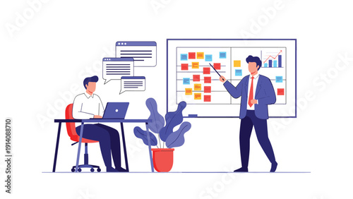 Corporate team member giving a presentation on project management using a task board with sticky notes while a colleague works on a laptop.