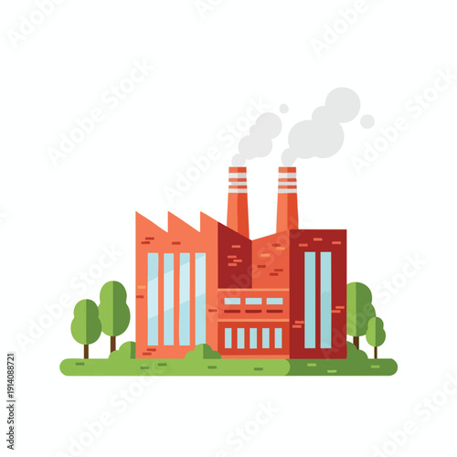Industrial Factory with Smokestacks and Greenery